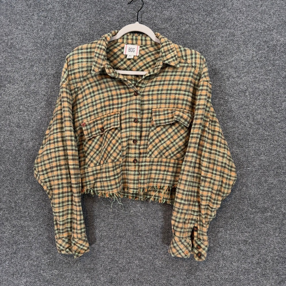 BDG Flannel Shirt Women Medium Green Orange Plaid Raw Hem Cropped Button Down